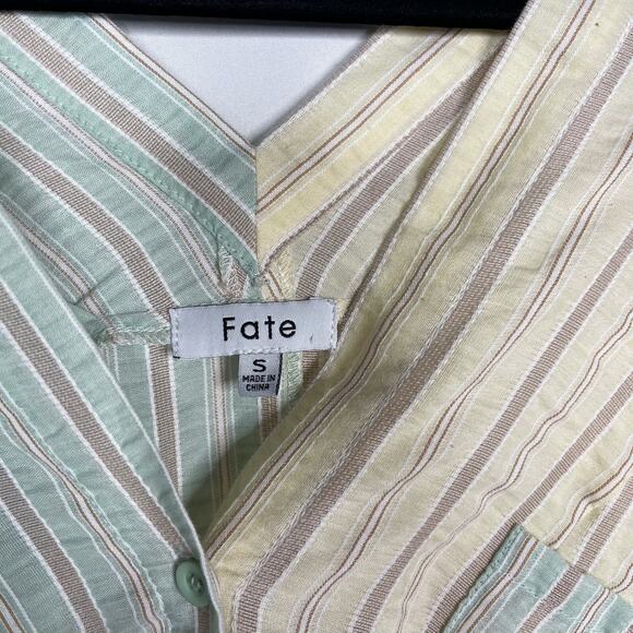 Fate Small S Yellow Green Pink Striped Button Down Shirt Patchwork V Neck V Back - Picture 7 of 10